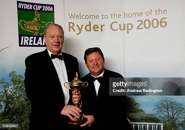 Jim Mansfield and Ian Woosnam pose with The Ryder Cup trophy during The One Year To Go Ryder Cup Gala Dinner at Citywest Hotel and Golf Resort on...