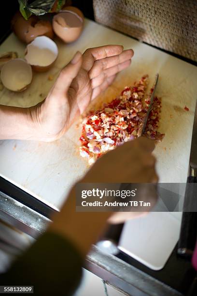 pov - chopping shallots, garlic, chillies - andrew cook stock pictures, royalty-free photos & images