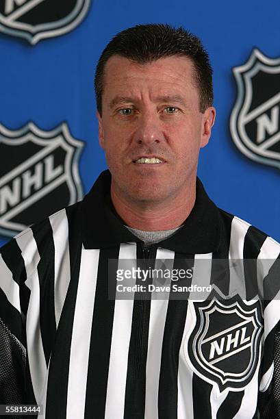 Linesmen Pat Dapuzzo poses for a portrait during NHL officials training camp at the Holiday Inn Fort Erie Convention Centre on September 9, 2005 in...