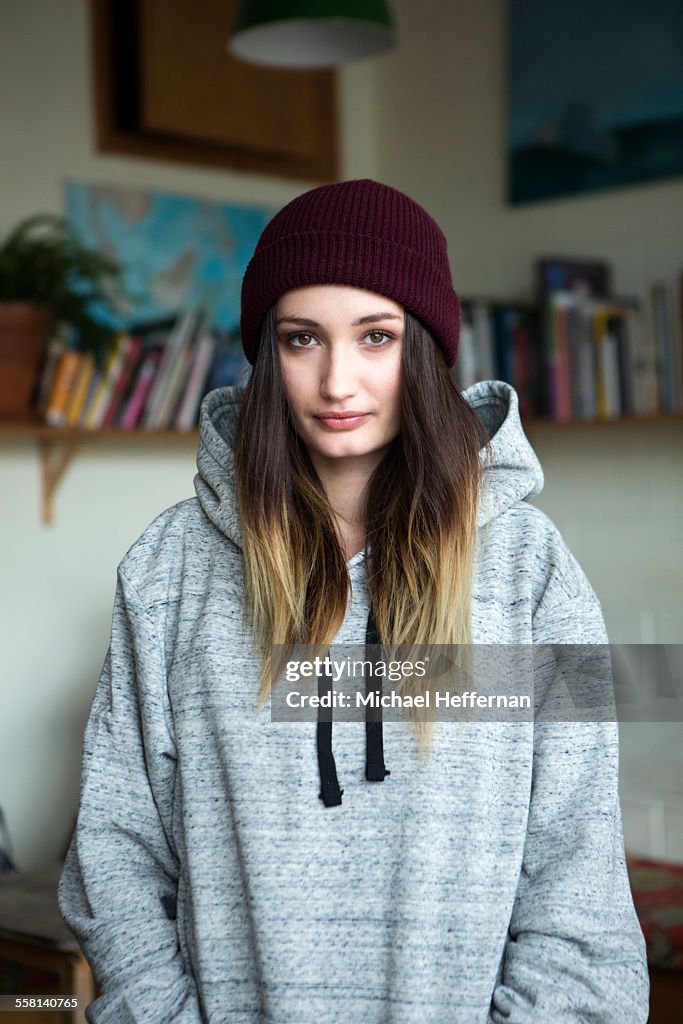 Portrait of young woman in cafe