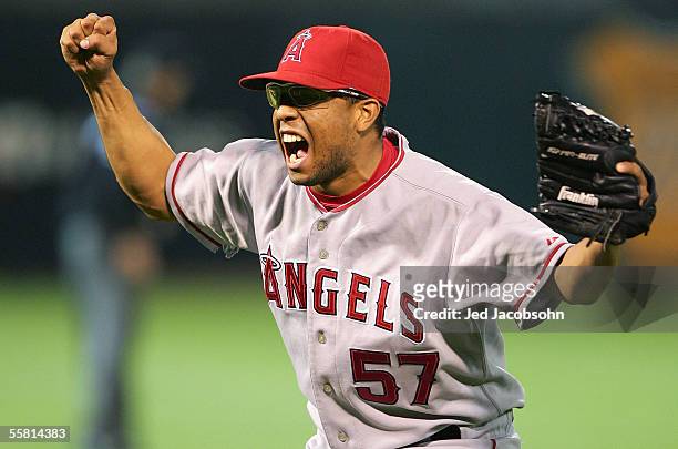 Francisco Rodriguez of the Los Angeles Angels of Anaheim celebrates after beating the Oakland Athletics and clinching the American League West title...