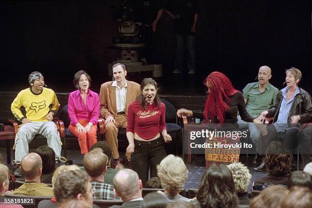 Mikel Rouse's ''Dennis Cleveland,'' a multimedia talk show opera, at the John Jay College Theater on April 30, 2002.This image:From left, Eric Smith,...