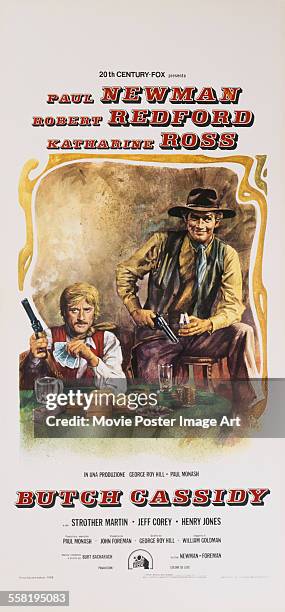 Poster for George Roy Hill's 1969 biopic 'Butch Cassidy and the Sundance Kid' starring Paul Newman and Robert Redford.