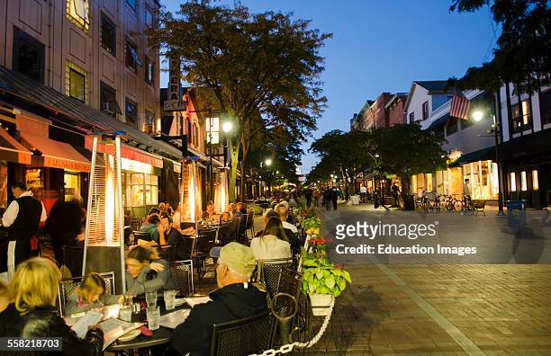 Burlington, Vermont, Church Street downtown with restaurants and tourists