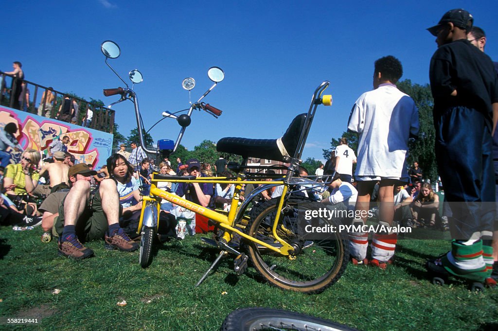 Yellow chopper bike in the park
