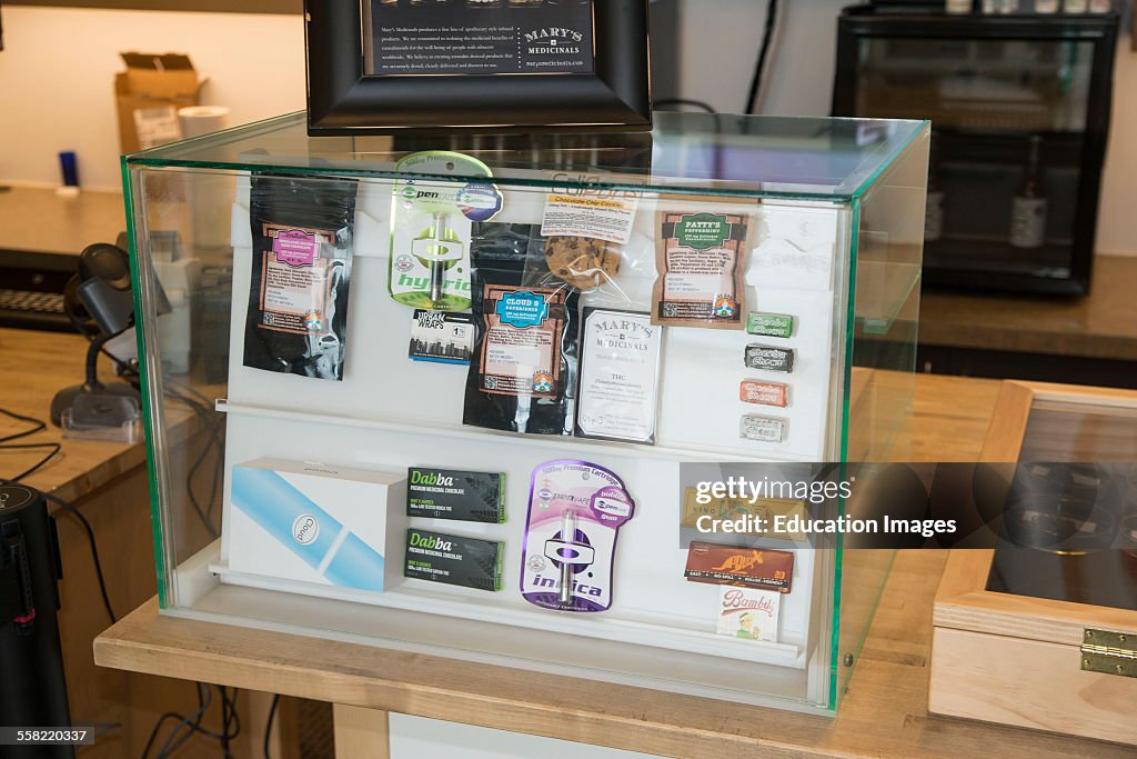 Denver, Colorado, Wellspring Collective, Different kinds of marijuana on a shelf for customers to pick from