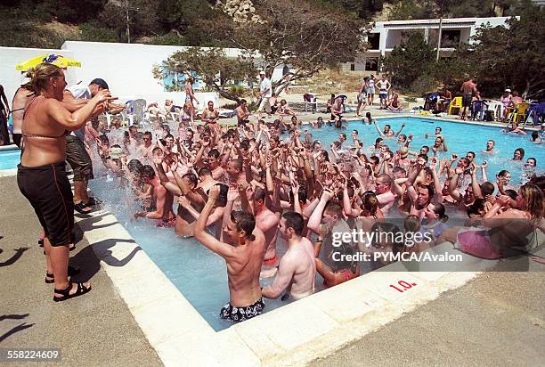 Brits abroad, young English people at a pool party, Club 18-30 Ibiza, 2001.