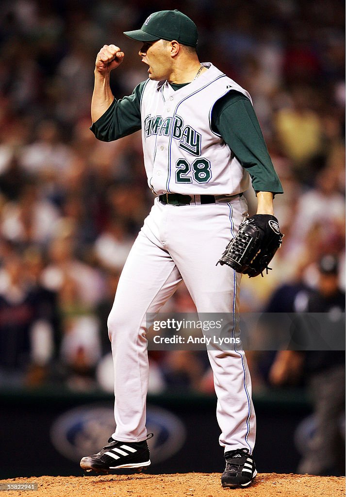 Al Reyes Devil Rays Danys Baez of the Tampa Bay Devil Rays reacts after the final out to ...