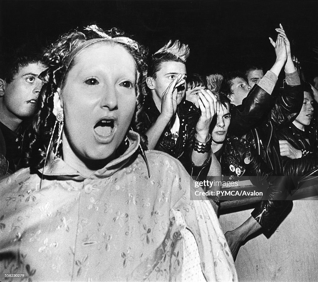 Jordan, Ant People, wearing face-paint, with no eybrows, Adam & the Ants gig crowd, UK 1980's