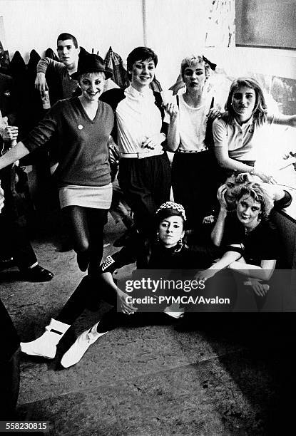 Group of girls backstage from the band The Body Snatchers a Ska, 2 Tone band, UK 1980.