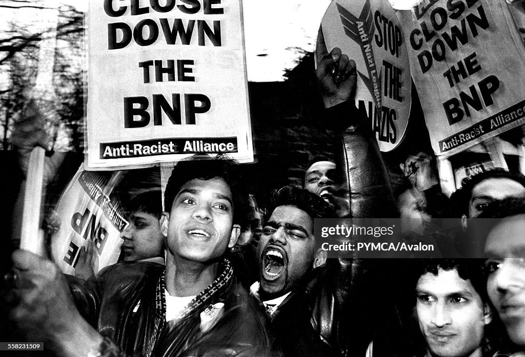 Anti-Racist Alliance supporters picketing a meeting of the BNP at York Hall. Bethnal Green, East London, April 1992