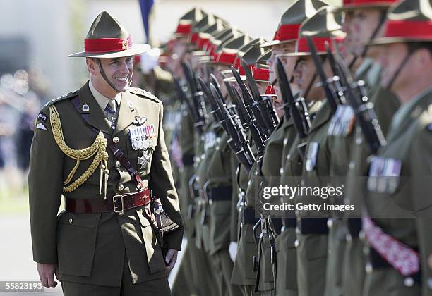 Prince Andrew, Duke of York, reviews a parade of the 2nd Logistic Battalion after a Powhiri at Linton Army base September 29, 2005 in Palmerston...