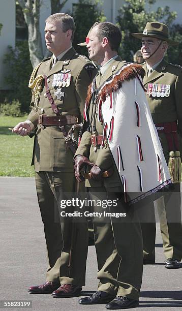 Prince Andrew, Duke of York, is lead through the Powhiri by Warrent Officer George Purvis before reviewing a parade of the 2nd Logistic Battalion at...