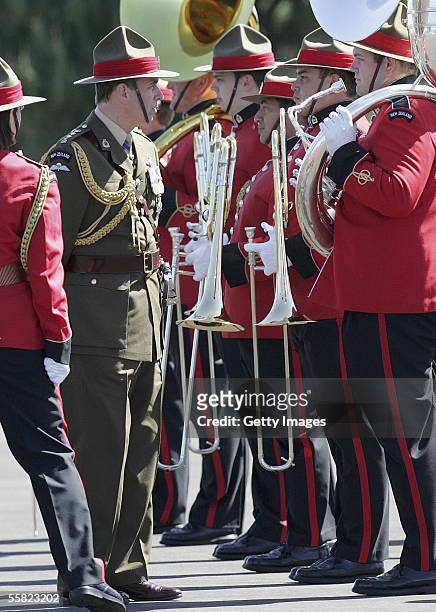 Prince Andrew, Duke of York, reviews a parade of the 2nd Logistic Battalion band after a Powhiri at Linton Army base September 29, 2005 in Palmerston...