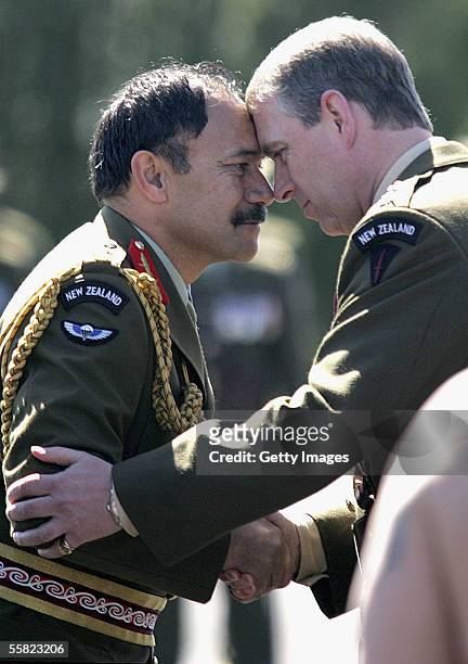 Prince Andrew, Duke of York, gets a Maori greeting from Major General Jerry Mateparae of the armed forces during a Powhiri and reviewing of the...