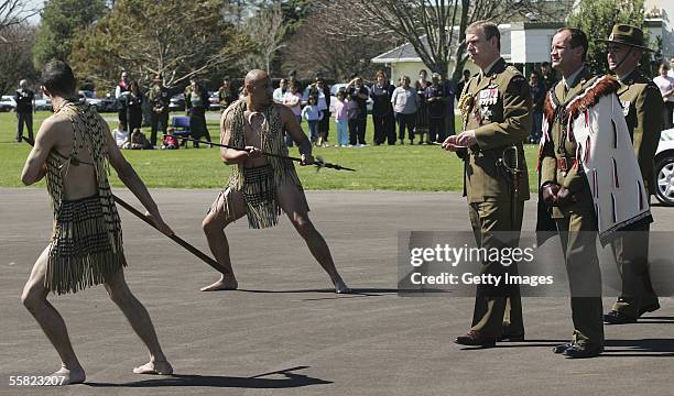 Prince Andrew, Duke of York, is lead through the Powhiri by Warrent Officer George Purvis before reviewing a parade of the 2nd Logistic Battalion at...