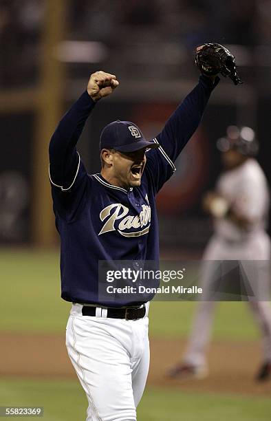 Closer Trevor Hoffman of the Padres celebrates the final out of the 9th inning against the San Francisco Giants as the Padres clinch the National...