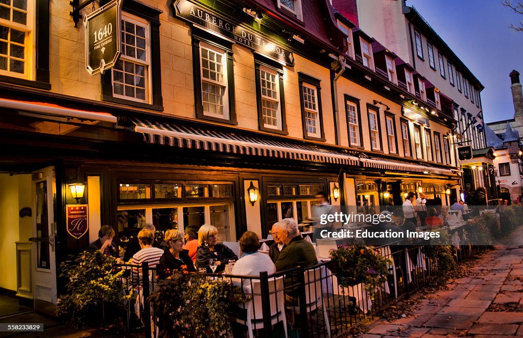 Quebec City, street scene of Restaurant cafe on St Anne Street, twilight in French Canada