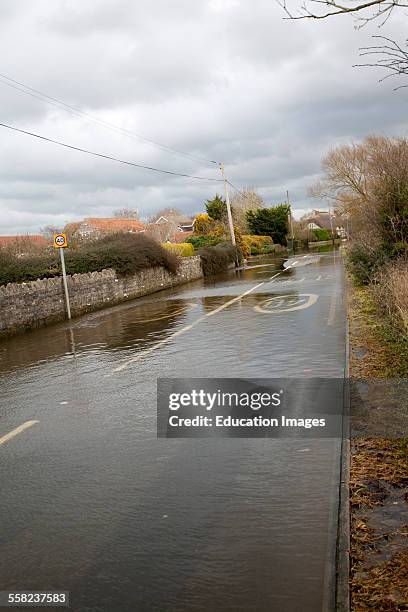 Flooding on the Somerset Levels, England in February 2014 River Yeo at Huish Episcopi flooded A372 road