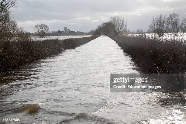 Flooding on the Somerset Levels, England in February 2014, road to Muchelney impassable at Huish Episcopi