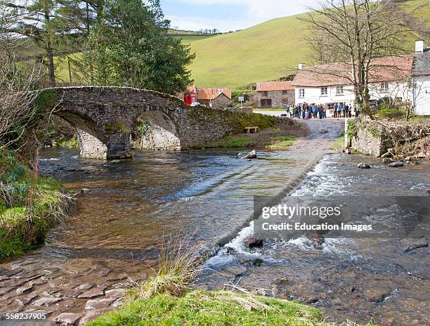 Bridge over Badgworthy Water river, Lorna Doone Farm, Malmsmead, Exmoor national park, Devon, England