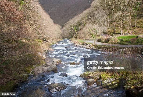 Looking downstream East Lyn River valley at Watersmeet, near Lynmouth, Exmoor national park, Devon, England