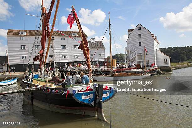 Tidemill and historic boats during maritime day event, River Deben, Woodbridge, Suffolk, England, UK