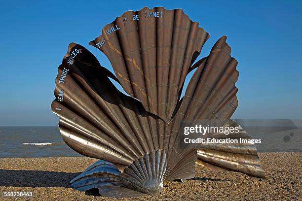 The Scallop shell sculpture by Maggi Hambling on shingle beach, Aldeburgh, Suffolk, England