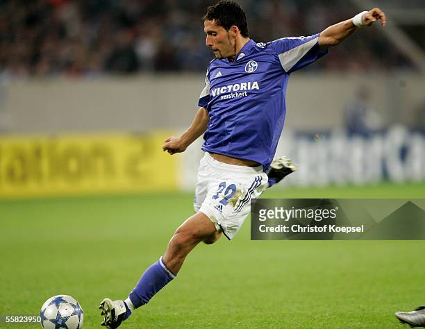 Kevin Kuranyi of Schalke shoots during the UEFA Champions League Group E match between FC Schalke 04 and AC Milan at the Veltins Arena on September...