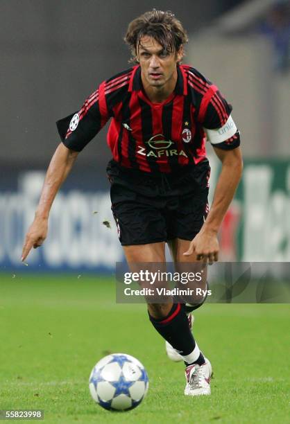 Paolo Maldini of Milan in action during the UEFA Champions League Group E match between FC Schalke 04 and AC Milan at the Veltins Arena on September...