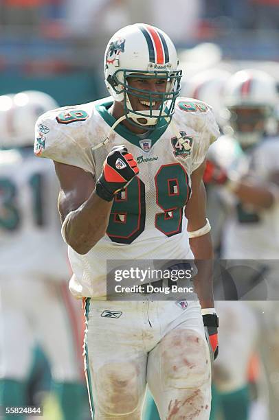 Defensvie end Jason Taylor of the Miami Dolphins celebrates after the Dolphins defeated the Carolina Panthers on September 25, 2005 at Dolphins...