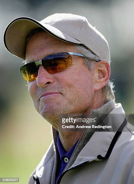 Actor Michael Douglas waits to tee off at the 14th hole during the first round of the Dunhill Links Championships at the Carnoustie Golf Club,...