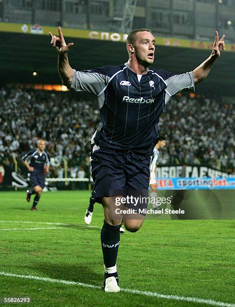 Kevin Nolan of Bolton celebrates scoring the second goal during the UEFA Cup 1st round second leg match between and Lokomotiv Plovdiv and Bolton...