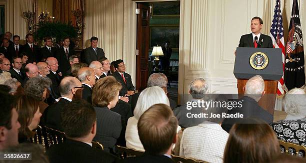 John Roberts speaks after becoming the new Chief Justice of the U.S. During a swearing in ceremony in the East Room at the White House September 29,...