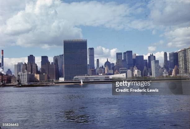 General view from across the East River looking West of the East Midtown skyline New York, New York, 1960s. Prominant structures include the United...