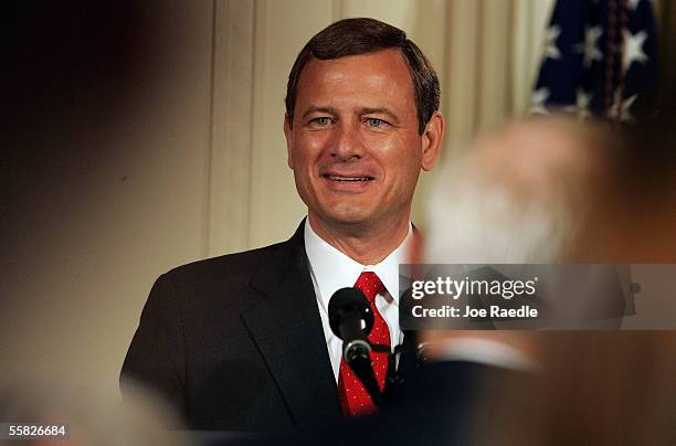 John Roberts speaks after becoming the new Chief Justice of the U.S. During a swearing in ceremony in the East Room at the White House September 29,...