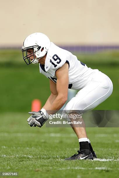 Linebacker Andy Kubic of the Penn State Nittany Lions readies in his defensive stance against the Northwestern Wildcats September 24, 2005 at Ryan...