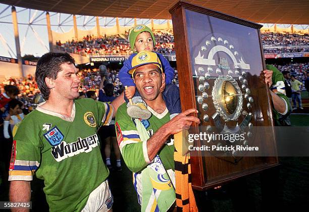 Noa Nadruku of the Raiders celebrates after winning the 1989 NSWRL Grand Final between the Canberra Raiders and the Balmain Tigers held at the Sydney...