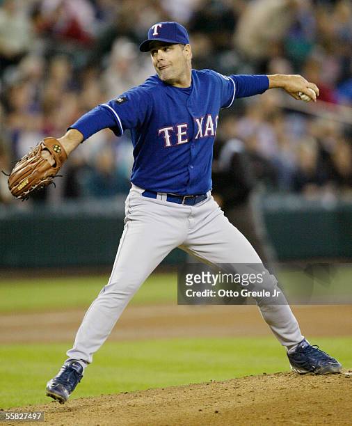 Starting pitcher Kenny Rogers of the Texas Rangers pitches against the Seattle Mariners on September 29, 2005 at Safeco Field in Seattle, Washington.