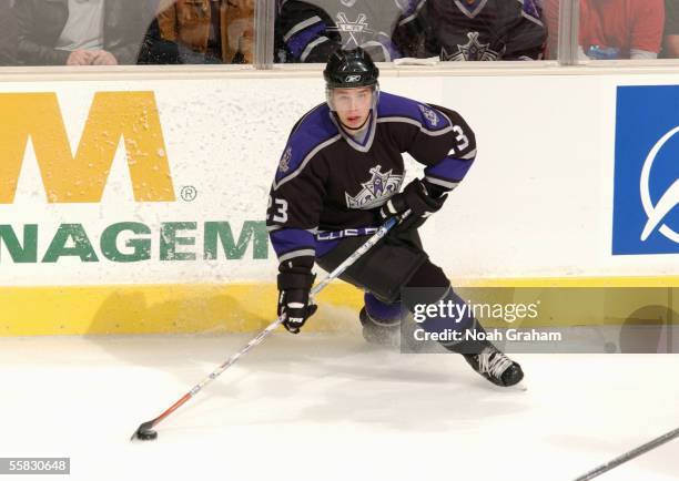 Dustin Brown of the Los Angeles Kings looks to make a cross-ice pass during the game against the Phoenix Coyotes on September 25, 2005 at the Staples...