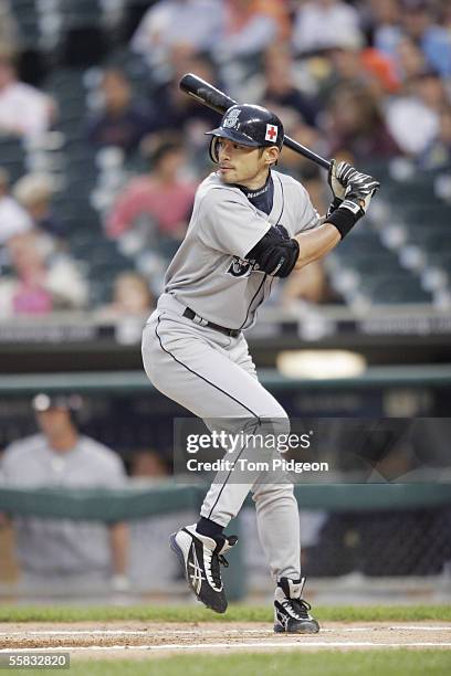 Ichiro Suzuki of the Seattle Mariners bats during the game against the Detroit Tigers at Comerica Park on September 24, 2005 in Detroit, Michigan....