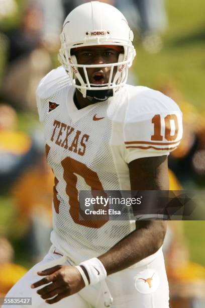 Quarterback Vince Young of the Texas Longhorns celebrates a touchdown against the Missouri Tigers on October 1, 2005 at Faurot Field in Columbia,...