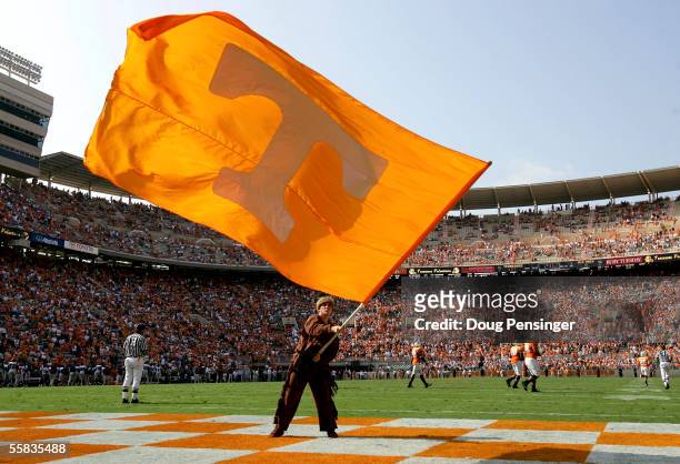 The Volunteer mascot waves the flag in the edzone after a Tennessee touchdown as the Tennessee Volunteers defeated the Mississippi Rebels 27-10 at...