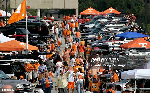 Fans tailgate out side the stadium prior to the game as the Tennessee Volunteers defeated the Mississippi Rebels 27-10 at Neyland Stadium on October...
