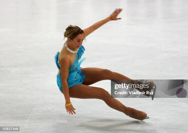 Annette Dytrt of Germany looses balance dancing in the ladies free skating competition during the 37th Nebelhorn Trophy at the Ice Sports Centre i on...