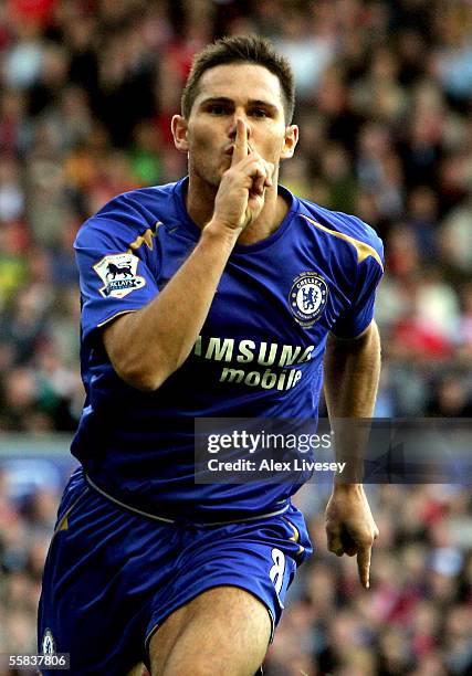 Frank Lampard of Chelsea celebrates scoring a penalty during the Barclays Premiership match between Liverpool and Chelsea at Anfield on October 2,...