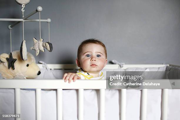 a 7 months old baby in his bed - babybett stock-fotos und bilder
