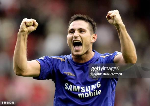 Frank Lampard of Chelsea celebrates the victory after the Barclays Premiership match between Liverpool and Chelsea at Anfield on October 2, 2005 in...