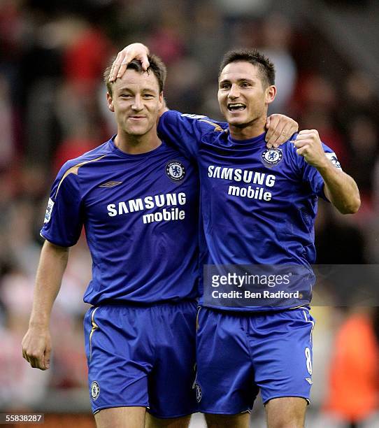 Frank Lampard and John Terry of Chelsea celebrate the victory after the Barclays Premiership match between Liverpool and Chelsea at Anfield on...