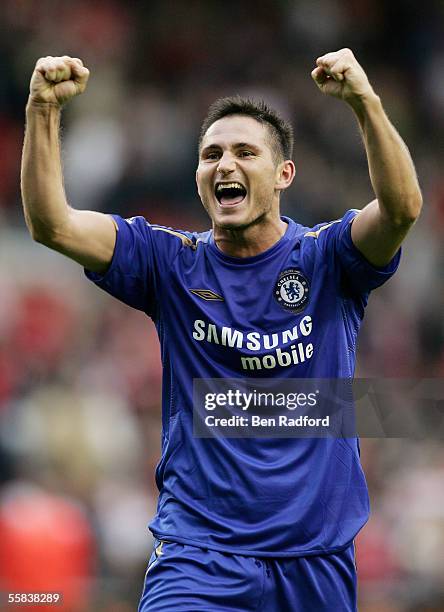 Frank Lampard of Chelsea celebrates the victory after the Barclays Premiership match between Liverpool and Chelsea at Anfield on October 2, 2005 in...